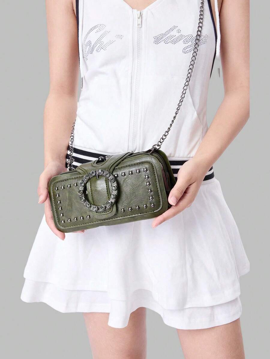 DareSee Túi đeo chéo mini nữ thời trang cổ điển đính đinh tán kiểu xe máy, túi đeo vai nhiều ngăn, túi đựng điện thoại màu đen, túi vuông nhiều lớp nhỏ, thích hợp cho lễ hội âm nhạc, Y2KFest, mùa tựu trường, quà tặng mùa thu đông. - Màu xanh lá cây đậm - Xem 1