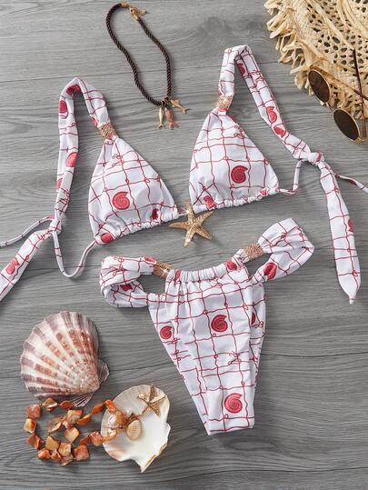 New Arrival Women Fashion Bikini Set, Sexy Stylish Seastar Conch Decor,Check Ocean Print Swimsuit For Party ,Gift For Her