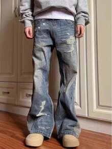 2025 Spring/Autumn American Retro Double Waist Head Jeans With Cutting Design, Niche Vintage, Loose Straight Leg, Men's And Women's Styles