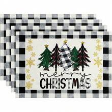 Set de 4/6 suporturi de masă pentru brad de Crăciun, model acuarelă și carouri Buffalo, potrivite pentru decor de sărbători, 30x45 cm