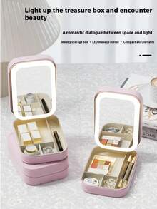 صندوق مرآة المكياج، صندوق تخزين مستحضرات التجميل، محمول وقابل للنقل، طاولة تزيين محمولة، مع مرآة مكياج، محمول، صندوق تخزين مستحضرات التجميل السفر قابل للطي كبير، يشمل 1 مرآة إضاءة قابلة للشحن عبر USB، ألوان ماكارون، ألوان موراندي، تصميم جلد وردي للطلاب، حقيبة تجميل محمولة، تخزين المجوهرات ومستحضرات التجميل