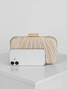 女士优雅/奢华褶皱缎面盒状手拿包，浪漫婚礼派对手提包，迷人/精致晚礼服钱包，简约杏色盒状包，配有可拆卸链条肩带，是节日的理想礼物 - 杏色 - 查看 4