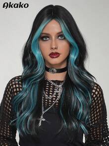 AKAKO 24 Inch Blue Highlight Long Wavy Wig With Curtain Bangs, High Quality Heat-Resistant Fiber Synthetic Wave Curly Hair Wig, Gorgeous Goth Style Costume Wigs For Women Halloween Party Masquerade Ball,Music Festivals & Carnival Use - 挑染藍色 - 查看 5