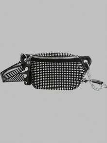 DareSee 女士镶钻单肩包迷你斜挎包，配有可调节肩带，亮面镶钻胸包/腰包，适合音乐节、Y2K 节、返校季、秋冬季节等场合，是音乐节的理想礼物。 - 銀色 - 查看 2