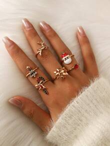 6-8 Stücke/Set Weihnachtsthemen Ringe mit Strass, Weihnachtsbaum, Zuckerstange, Weihnachtsmann, Schleife, Rentier Designs, geeignet für Frauen zum Tragen an Weihnachten und im Alltag