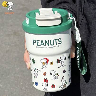 SNOOPY 1 件 380 毫升史努比不锈钢真空隔热咖啡杯，可爱车载杯，户外便携式带吸管杯