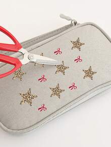 1 pièce Sac de rangement à fermeture éclair à simple couche avec un cordon, imprimé d'un motif d'étoile à cinq branches et d'un nœud rouge. Sac de rangement multifonctionnel, pour câbles de données, écouteurs, sac de rangement portable pour les voyages