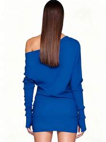 Kami Co.连衣裙，度假装，Y2K风格服装，斜领设计，单肩，长袖，仿两件式，修身连衣裙，超薄连衣裙，时尚，派对连衣裙，春夏女装，高中舞会礼服 - 藍色 - 查看 7