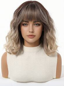 Stylish 16-Inch Ombre Mid-Long Curly Hair Synthetic Heat-Resistant Fiber Wig With Bangs Ladies Wig Is Perfect For Holiday Party Everyday Wear - 漸層 - 查看 4