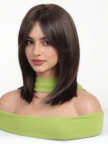 14 Inch Deep Brown Layered Bob Wig, French Eight-Shaped Bangs Face-Framing, Smooth Straight Short Hair, High-Temperature Synthetic Fiber, Versatile For Daily Commute, Workplace, Dating, Breathable Adjustable Mesh Cap - 黑棕色 - 查看 4