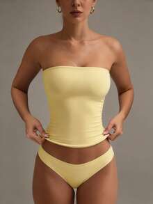 XLLAIS 性感无肩带基础款背心，时尚纯色弹力修身抹胸上衣，适合女性四季穿着 - 黃色 - 查看 2