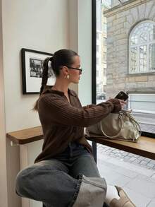 Senya Women's Autumn/Winter New Mustard Yellow Lapel Button Long Sleeve Knit Cardigan, Vertical Striped Casual Loose Pullover Sweater, Daily Wear & Commute Knit Jacket