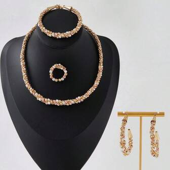 4 件套手工编织多色铜珠和米粒珍珠链颈链、耳环、手链、开口戒指、女士派对珠宝礼物