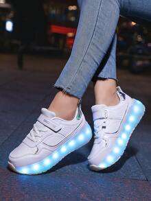 Teens' Wheeled Shoes, Roller Skate Shoes, Four-Wheel Skate Shoes, Small Four-Wheel Shoes, LED Rechargeable Luminous Shoes, Skateboard Shoes - White - View 5
