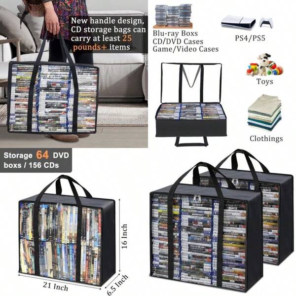 DVD Storage Bags 2 Pack Clear PVC Plastic CD Storage Case With Handles Storage Bags For DVDs CDs Bluray Case Video Game Cases Movie Cases