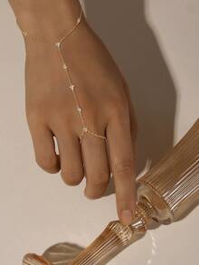 EleRunis 1pc 925 Sterling Silver Delicate Clover Petal Ring Bracelet Set, Women Cubic Zirconia Bracelet And Ring Chain, Suitable For Daily Wear, Wedding Party Engagement Anniversary Valentine's Day Jewelry - Gold - View 6