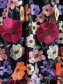 3D 花卉刺绣 A 字裙，优雅休闲波西米亚叶图案，女士秋季服装 - 黑色 - 查看 4