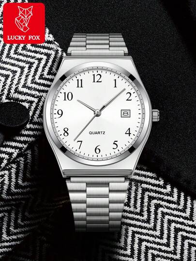  1 pieza Reloj de cuarzo LUCKYFOX, minimalista, correa de acero vintage, esfera cuadrada pequeña con calendario, adecuado para la vida diaria, eventos de negocios, vacaciones, regalos de cumpleaños, regalos del Día de San Valentín, Halloween, Navidad