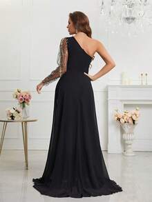 水晶装饰长袖开衩肩带连衣裙 - 黑色 - 查看 3