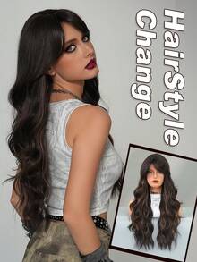 AKAKO 26 Inch Black Brown Highlight Long Wavy Wig With Curtain Bangs, High Quality Heat-Resistant Fiber Synthetic Wave Curly Hair Wig, Gorgeous Goth Style Costume Wigs For Women Halloween Party Masquerade Ball,Music Festivals & Carnival Use - 挑染棕色 - 查看 2