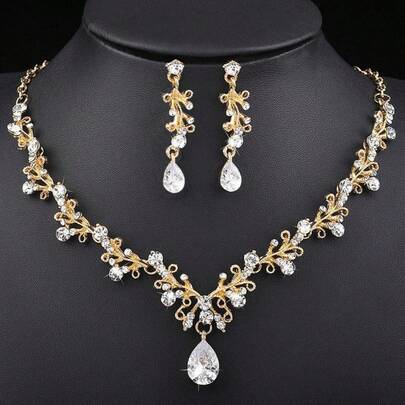 3pcs Bridal Earrings Necklace Set, Wedding Decoration, Bridal Accessories, High-End Brightening Party Outfit Valentine's Day Accessories