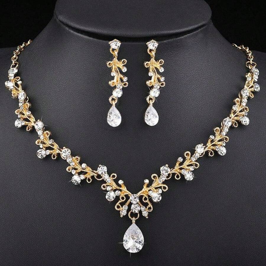 3件套新娘耳环项链套装，婚礼装饰，新娘配饰，高端闪亮派对装扮情人节配饰 - 白鑽金色 - 查看 1