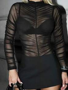 Black Tulle Bodysuit With Long Sleeves And Ruched Detail - 黑色 - 查看 12