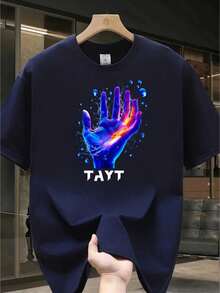 Camiseta Colorida Casual  Adulto Manga Curta Estilo Oversized Para Homens Adequado As Estações Do Ano  Algodão Estampa Personalizada De Tayt - Azul - Visão 2