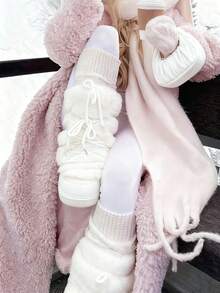 Faux Fur Snow Boots For Women Fuzzy Fluffy Furry Lace Up Mid Calf Boots Winter Warm Fur Boots For Christmas - 白色 - 查看 1