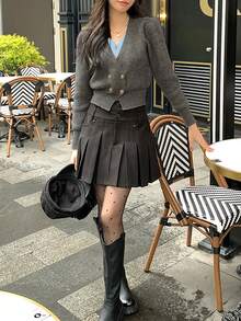 女士秋冬V领二合一短款针织开衫 - 深灰色 - 查看 4