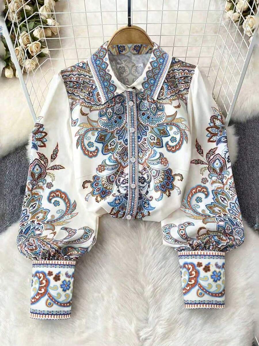 女士波西米亚风格印花衬衫领度假优雅女士服装节日服装翻领开衫长袖衬衫 - 白色 - 查看 1