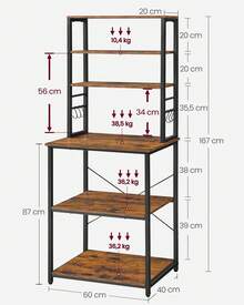 VASAGLE レンジ台 レンジボード 幅60 キッチンラック大型レンジ対応 高耐荷設計 可動棚 高さ167cm シンプル 北欧 電子レンジ ボード 収納 食器棚 6個Ｓ字ラックを付き - ブラック - チェックする 9