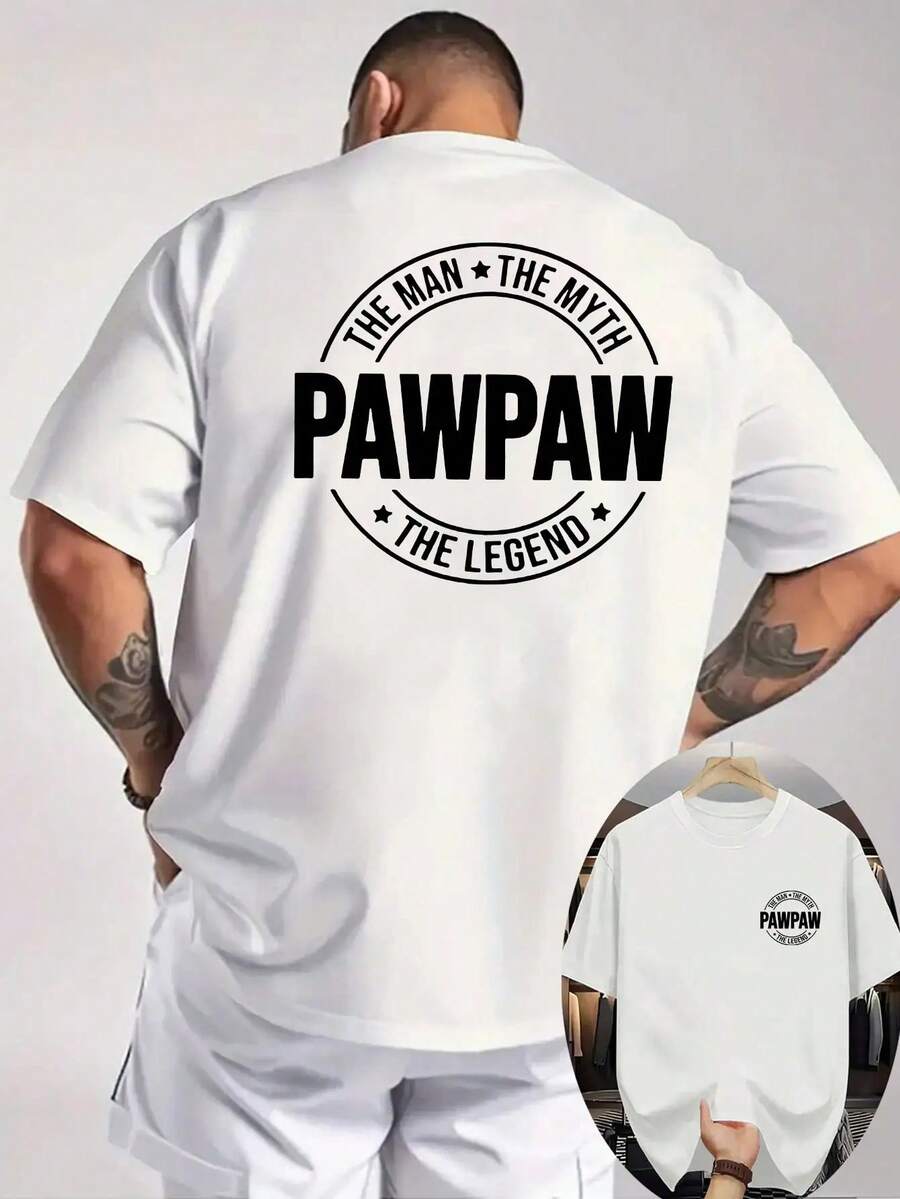 [Niu Wang Selection] New Men's Summer Casual T-Shirt, Short Sleeve Ribbed Crew Neck Knit T-Shirt, Cool And Comfortable, Double-Sided Print On Front And Back, PAWPAW Print, Suitable For Outdoor Activities, Summer T-Shirt For Men - 白色 - 查看 1