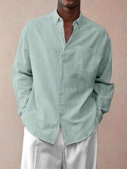 男士复古风长袖衬衫，经典纯棉面料，触感柔软如亚麻，纯色门襟纽扣设计，舒适亲肤，优雅百搭，适合所有季节。
