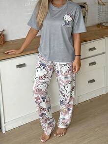 Sanrio 2pcs Hello Kitty Women Printed Short Sleeve Top + Elastic Waist Pants Cute Pajama Set