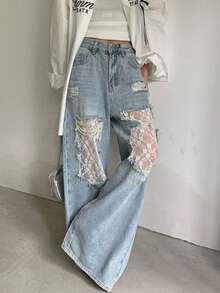 Cotton Blend Light Blue Distressed Lace Denim Wide Straight Pants, Spring/Summer Street Casual - Light Wash - View 1