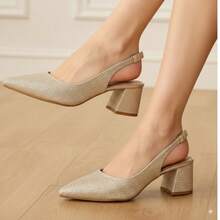 Open-Back Pumps, Women's Slingback, Low Thick Heel, Metallic Shine, Glitter, Wedding, Party, Christmas, Comfortable, Casual Fashion - 金色 - 查看 2