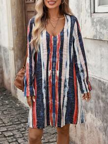 Vestido casual de mujer con cuello en V, mangas con volantes y estampado de rayas suelto