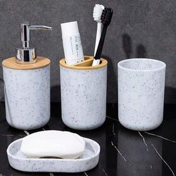 4 Stücke Badezimmer Set, beinhaltet Duschgel, Seifenschale, Zahnputzbecher, Spülbecher, Badezimmer Accessoires, Badezimmer Hängedekoration