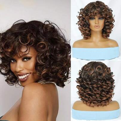 Short Curly Afro Wigs With Bangs For Women 14 Inch Afro Kinky Curly Natural Black Color Bouncy Heat Resistant Fluffy Wigs For Daily And Party