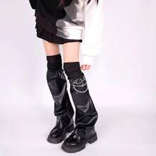 Over-The-Knee Socks And Leg Warmers Set New Y2K Millennium Style Sweet Cool Hot Girl Black Leather Punk Leg Warmers Socks Boot Covers Ins  Women's Clothing Accessories Suitable For Daily Street Wear - 黑皮革+黑鏈條+黑色過膝襪 - 查看 5