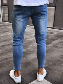 Men's Washed Embroidered Distressed Frayed Hem Casual Skinny Denim Jeans, Emo Style - Blue - View 2