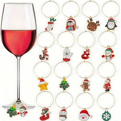 Jultema vinglashänge med etikett för att identifiera höga glas. Vinhänge, present till vindrickare, presentdekoration till vinprovningsfest, set med 16 delar.