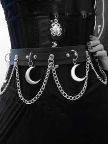 "Leather Waist Chain Harness Belt,Gothic Silver Chain Leather Belt,Adjustable Party Cosplay Plus Size Chain Belt