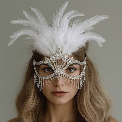 1个时尚羽毛水钻面具，1个带水钻流苏的万圣节舞台歌手面具，1个女士表演珠宝配饰