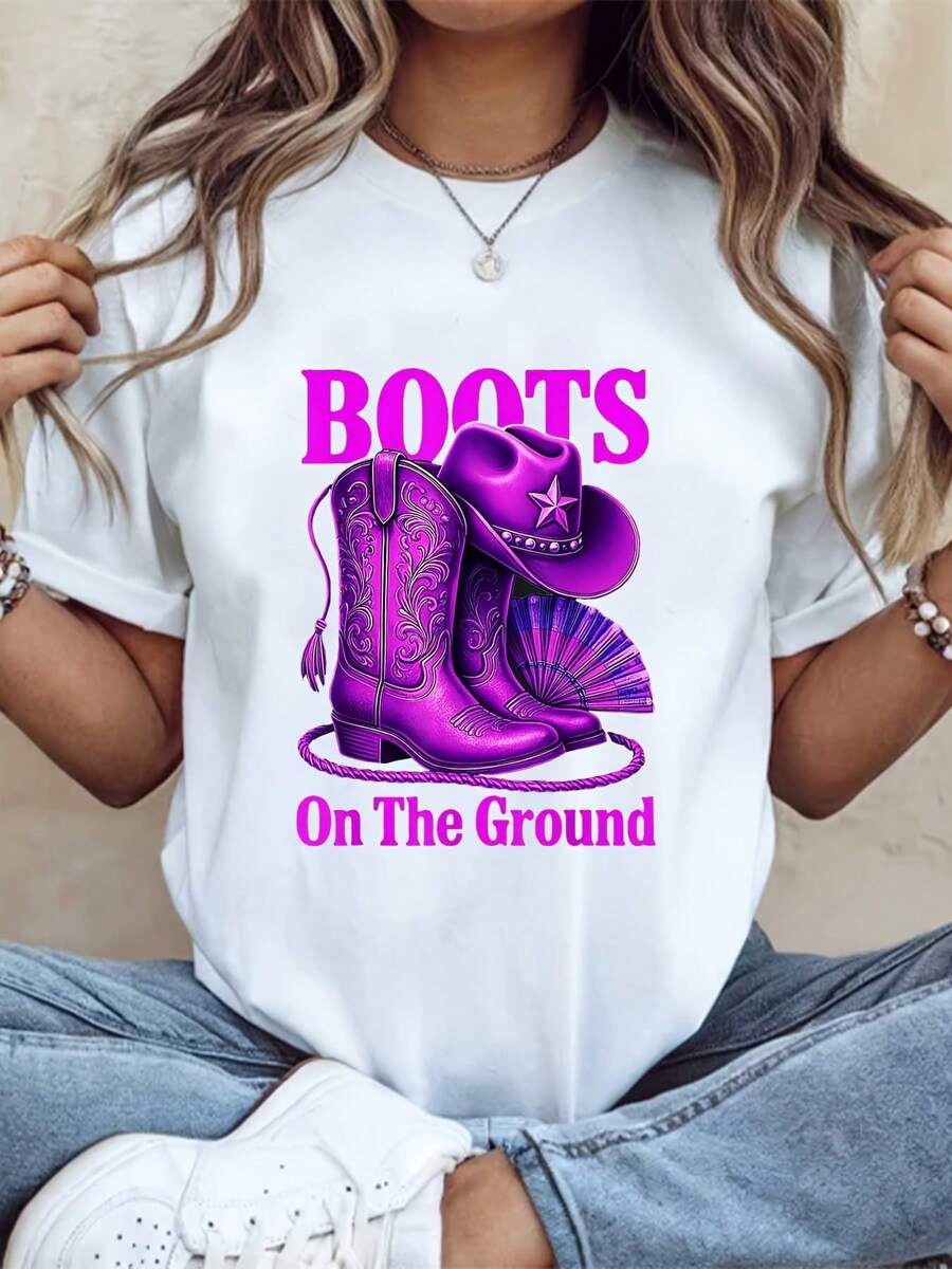 Women's Denim Boots Plus Size Shirt Cotton T-Shirt Soft, Breathable, Comfortable Round Neck T-Shirt, 220g - White - View 1
