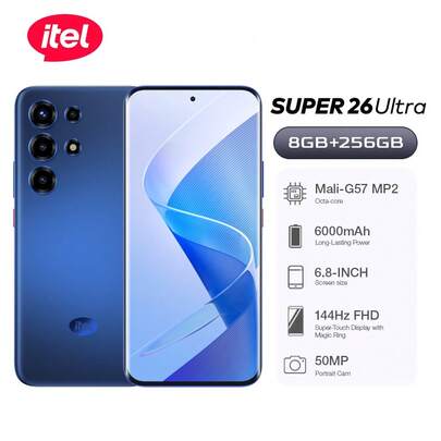 itel Super 26 Ultra 双卡 4G Android 15 智能手机 8GB RAM 256GB，6000mAh 电池，Type-C 充电，50MP 摄像头，指纹解锁