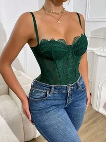 EZNV 1 pieza Body con adorno de encaje a la moda, con soporte y ajuste ceñido - Verde Oscuro - Ver 4