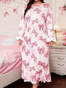 可爱蝴蝶结印花荷叶边下摆休闲加大码睡裙娃娃衫完美夏季