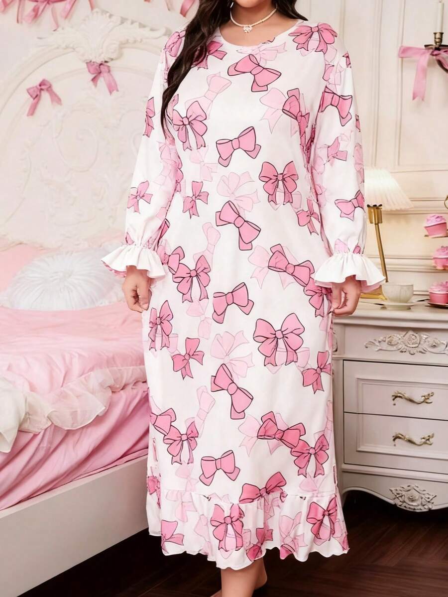 可爱蝴蝶结印花荷叶边下摆休闲加大码睡裙娃娃衫完美夏季